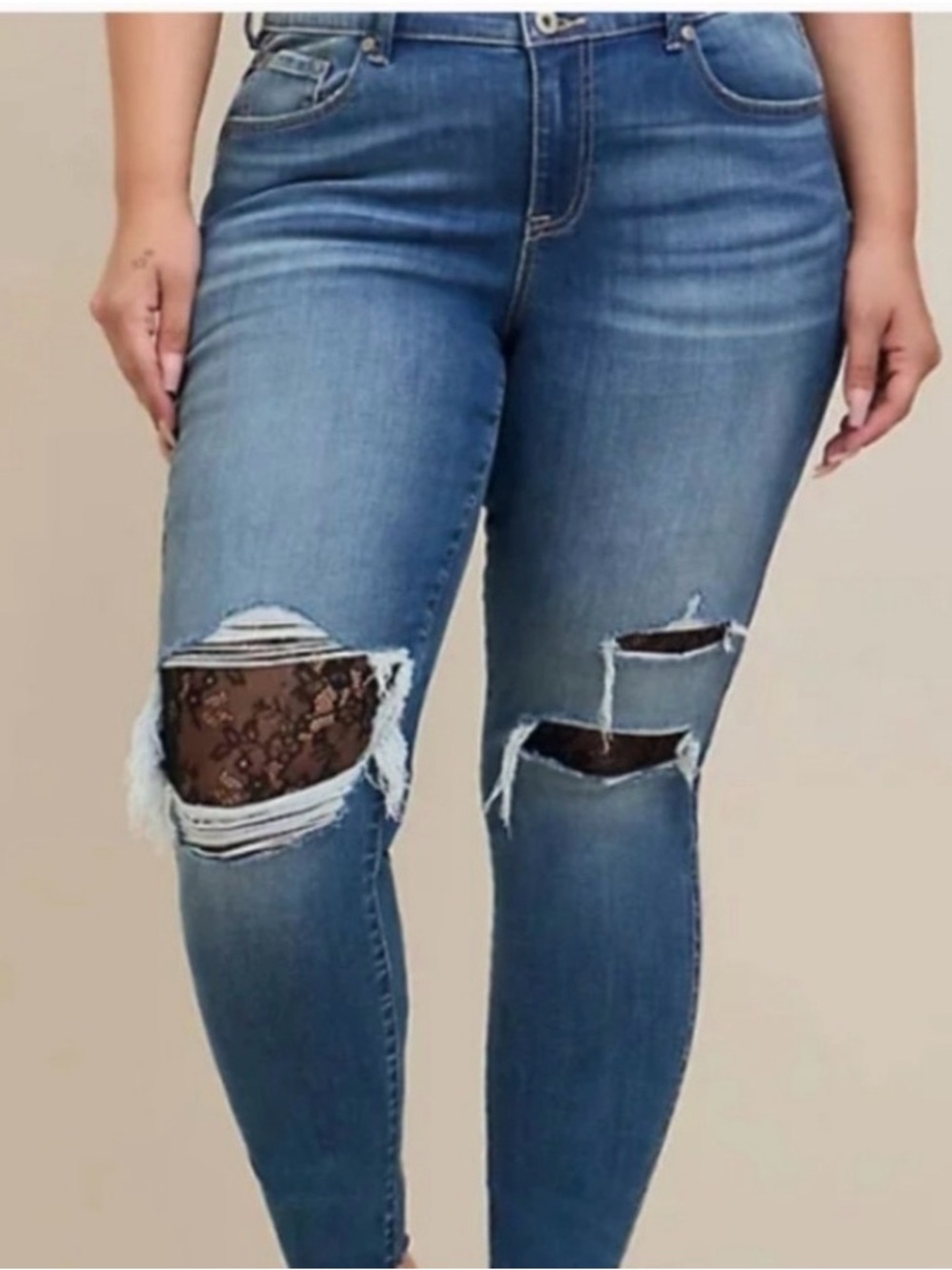 Torrid Blue Distressed Skinny Jeans with Lace Accents